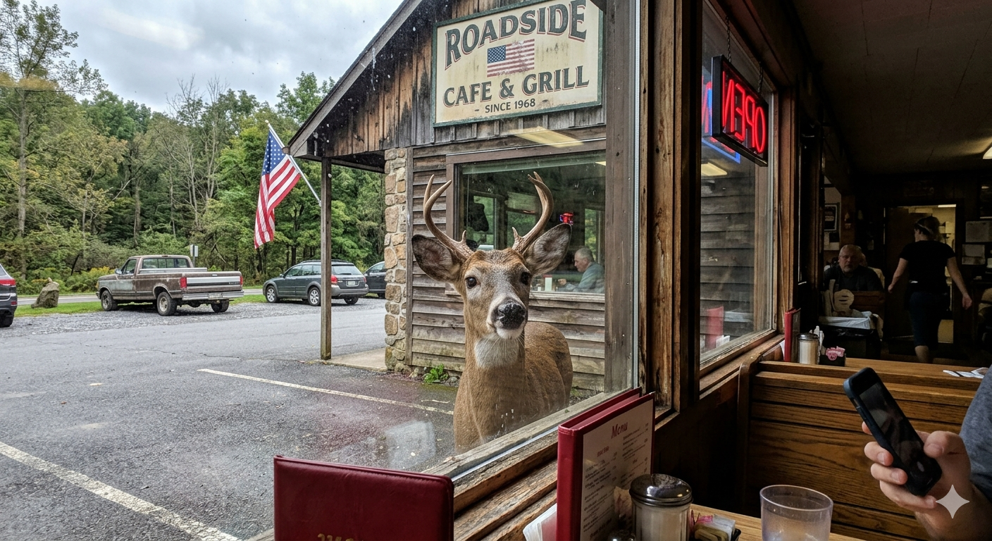 Deer looking through the window of an American diner