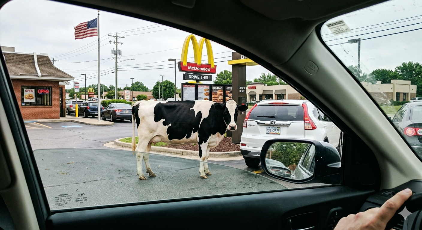 Cow in a fast food drive-thru