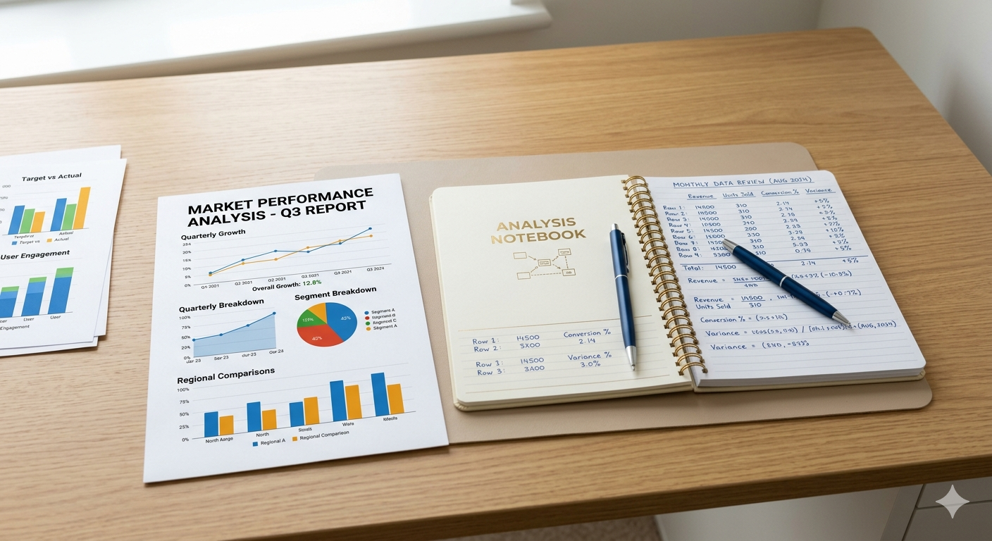 Notebook and numbers on a table representing analysis and review