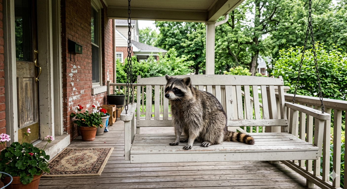 Raccoon sitting on a porch swing
