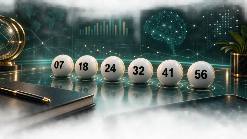 Powerball balls arranged on an AI-assisted number analysis interface