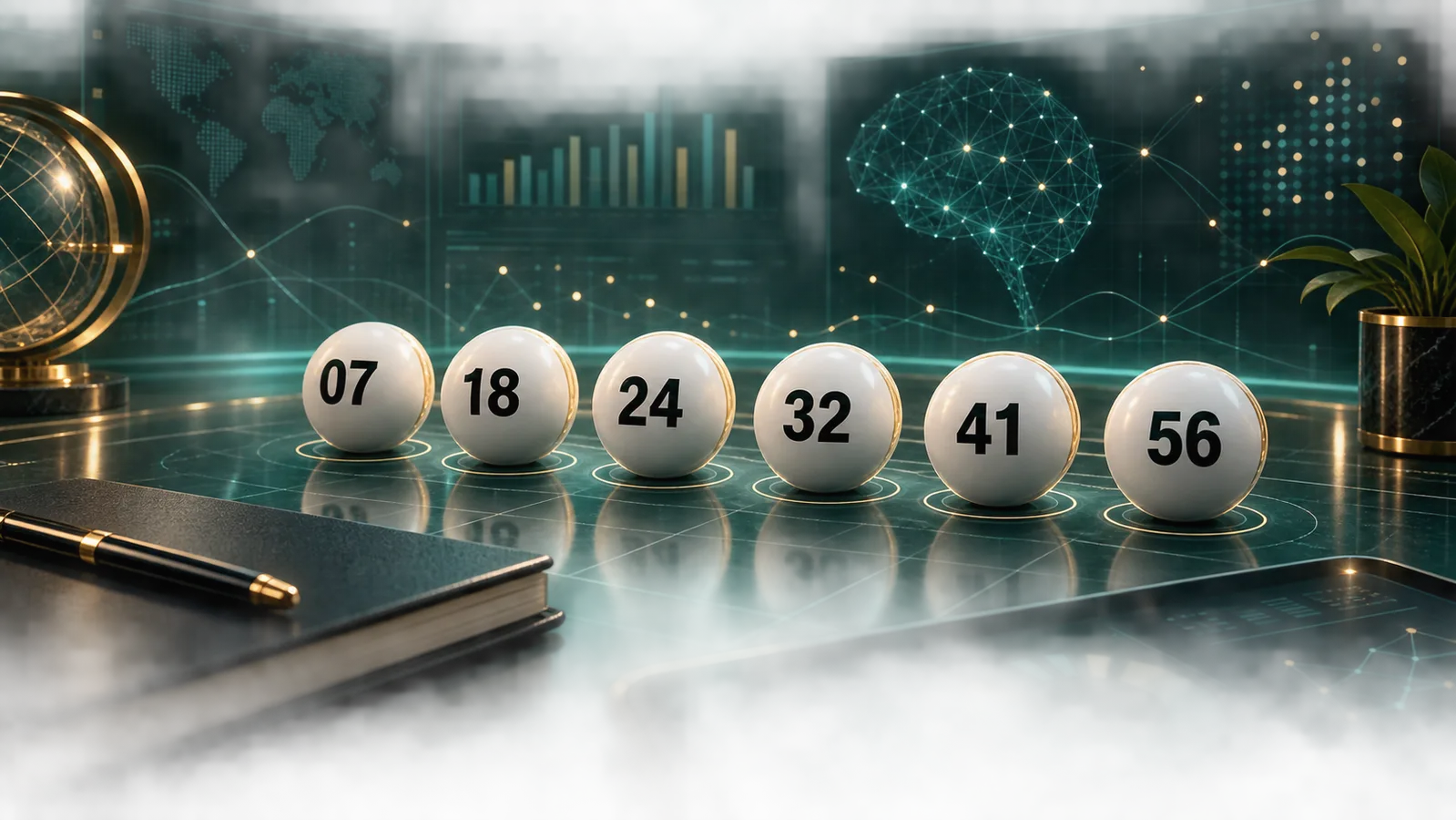 Powerball balls arranged on an AI-assisted number analysis interface